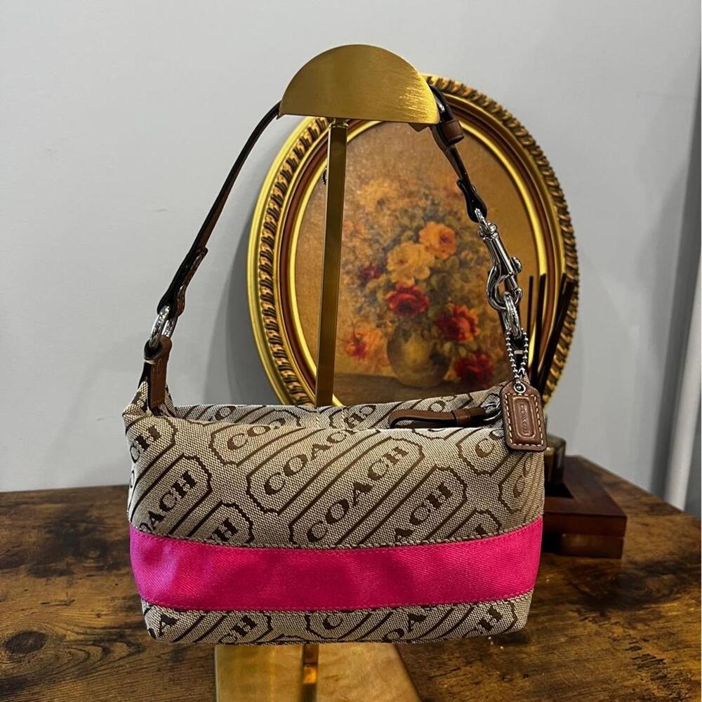 Vintage Y2K Coach Pink Tan Canvas Pouch Bag with Logo Print